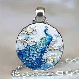 Silver BLUE PEACOCK Glass Cabochon Pendant Necklace